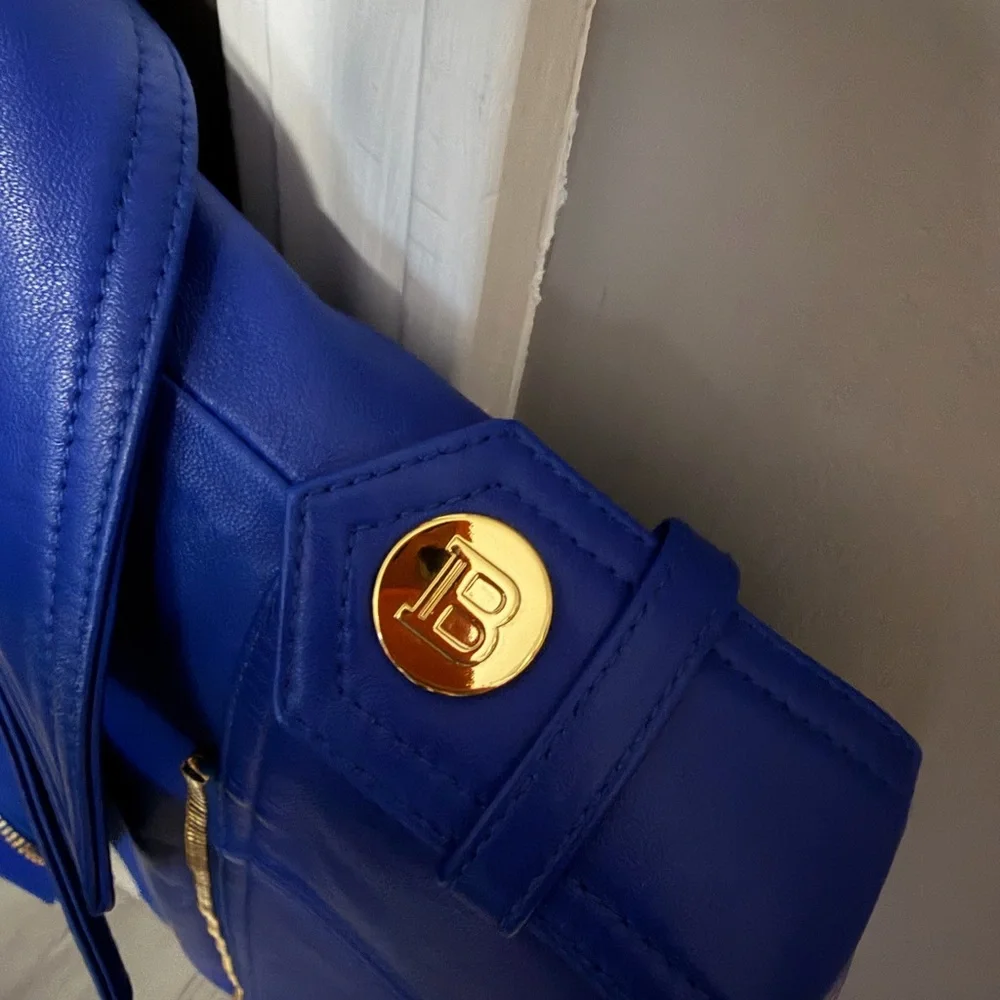 Balmain Royal Blue Leather Jacket with Gold Details - Picture 6 of 8
